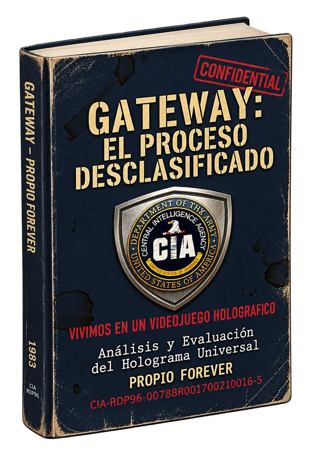 Ejemplar de GATEWAY: El Proceso Desclasificado, con la portada azul marino envejecida y el sello de la CIA.