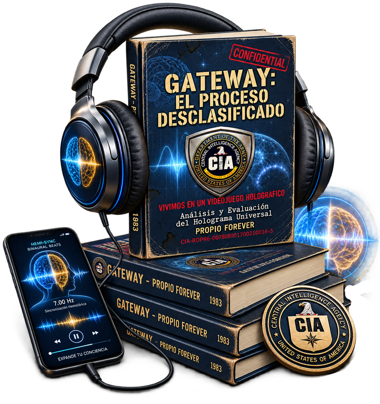 El libro con auriculares de estudio y un teléfono reproduciendo una frecuencia Hemi-Sync de 7.00 Hz.